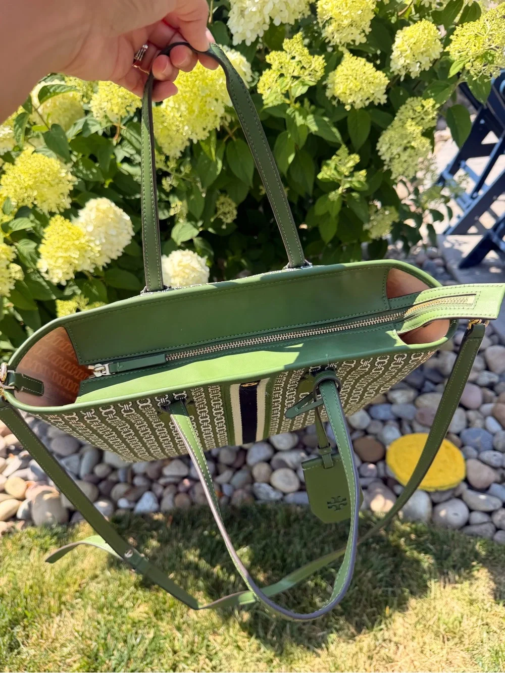 Tory Burch Green Tote Bag with Chain-Patterned Canvas and Stripe Detail.